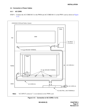 Page 61ND-46248 (E) CHAPTER 3Page 41
Revision 2.0
INSTALLATION
4.4 Connection of Power Cables 
4.4.1 AC CORD
STEP  1:  Co nne ct t he  A C CO RD -B-U  to the  P W 86 and  AC CORD-B -U1 to  the PW91  ca rd  as  sh ow n i n  Figu re
3 -13 .
Figure 3-13    Connection of AC CORD (1 of 2)
PW91
AC 
INPUT
AC INPUTConnector
PW86
TO GROUND TERMINAL
BWBPIM
PWRM
AC CORD-B-U
AC CORD-B-U
FG, NEUTRAL, LINE TERMINALS
TO GROUND TERMINAL
Note:“ AC INPUT connector ” is not labeled on the PW86 card.
BASE
AC CORD (A)

 NEAX2000...