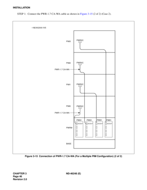 Page 66CHAPTER 3 ND-46248 (E) 
Pag e 46
Revision 2.0
INSTALLATION
STEP 1:  Co nne ct  the PWR -1.7 CA -W A c a b le  as s h ow n in  Fig ure  3- 15 (2  of  2)  (Ca se 2 ).
Figure 3-15  Connection of PWR-1.7 CA-WA (For a Multiple PIM Configuration) (2 of 2)
PWR0C
PWR0C
PWR0C
PWR0C
PIM3 
PIM2
PIM1
PIM0
PWRM 
BASE
PW91
PW91
PW91PW91
DCOUTDCOUT
DCOUT
DCOUT
PWR-1.7 CA-WA
PWR-1.7 CA-WA
  NEAX2000 IVS 