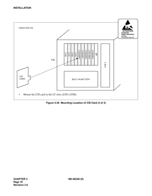 Page 90CHAPTER 3 ND-46248 (E)
Pag e 70
Revision 2.0
INSTALLATION
Figure 3-30  Mounting Location of CSI Card (3 of 3)
CSI 
CARD
BUILT-IN BATTERY
Mount the CSI card in the LT slots (LT01-LT08).
PIM
P
W
R
LT00LT01LT02LT03LT04/AP0LT05/AP1LT06/AP2LT07/AP3 LT08/AP4MP
ATTENTIONContents
Static Sensitive
Handling
Precautions Required
 NEAX1000 IVS 