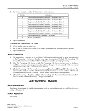 Page 114CALL FORWARDINGCall Forwarding – Override
NEAX2000 IVS2
Business/Hotel/Data Features and Specifications  
NDA-24271, Issue 1.0  Page 91
3. Dial desired destination number (0-9) and receive service set tone.
4. Replace the handset.
To cancel Split Call Forwarding – No Answer
1. Lift the handset and receive dial tone.
2. Dial the specific Split Call Forwarding – No Answer cancellation code and receive service set tone.
3. Replace the handset.
Service Conditions
1. This feature allows a station to set the...