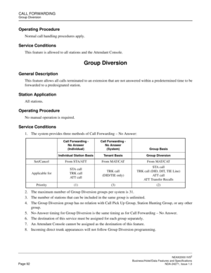 Page 115CALL FORWARDINGGroup Diversion
NEAX2000 IVS2
   Business/Hotel/Data Features and SpecificationsPage 92 NDA-24271, Issue 1.0
Operating Procedure
Normal call handling procedures apply.
Service Conditions
This feature is allowed to all stations and the Attendant Console.
Group Diversion
General Description
This feature allows all calls terminated to an extension that are not answered within a predetermined time to be
forwarded to a predesignated station.
Station Application
All stations.
Operating...