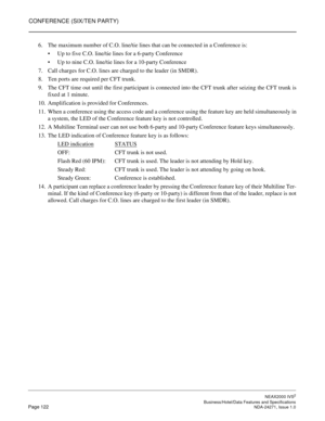 Page 145CONFERENCE (SIX/TEN PARTY)
NEAX2000 IVS2
   Business/Hotel/Data Features and SpecificationsPage 122 NDA-24271, Issue 1.0
6. The maximum number of C.O. line/tie lines that can be connected in a Conference is:
Up to five C.O. line/tie lines for a 6-party Conference
Up to nine C.O. line/tie lines for a 10-party Conference
7. Call charges for C.O. lines are charged to the leader (in SMDR).
8. Ten ports are required per CFT trunk.
9. The CFT time out until the first participant is connected into the CFT...