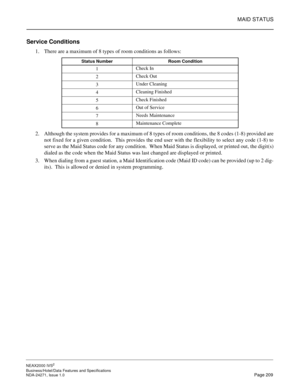 Page 232MAID STATUS
NEAX2000 IVS2
Business/Hotel/Data Features and Specifications  
NDA-24271, Issue 1.0  Page 209
Service Conditions
1. There are a maximum of 8 types of room conditions as follows:
2. Although the system provides for a maximum of 8 types of room conditions, the 8 codes (1-8) provided are
not fixed for a given condition.  This provides the end user with the flexibility to select any code (1-8) to
serve as the Maid Status code for any condition.  When Maid Status is displayed, or printed out, the...