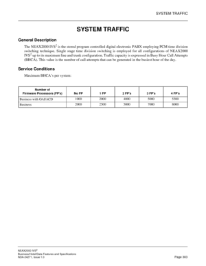 Page 326SYSTEM TRAFFIC
NEAX2000 IVS2
Business/Hotel/Data Features and Specifications  
NDA-24271, Issue 1.0  Page 303
SYSTEM TRAFFIC
General Description
The NEAX2000 IVS2 is the stored program controlled digital electronic PABX employing PCM time division
switching technique. Single stage time division switching is employed for all configurations of NEAX2000
IVS
2 up to its maximum line and trunk configuration. Traffic capacity is expressed in Busy Hour Call Attempts
(BHCA). This value is the number of call...