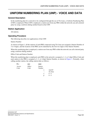 Page 346UNIFORM NUMBERING PLAN (UNP) - VOICE AND DATA
NEAX2000 IVS2
Business/Hotel/Data Features and Specifications  
NDA-24271, Issue 1.0  Page 323
UNIFORM NUMBERING PLAN (UNP) - VOICE AND DATA
General Description
In the numbering plan for a network to be configured through the use of Tie Lines, a Uniform Numbering Plan
(UNP) is employed. When UNP is employed, a station user from any PBX within the network can call a desired
party by using a uniform dialing method based on the UNP.
Station Application
All...