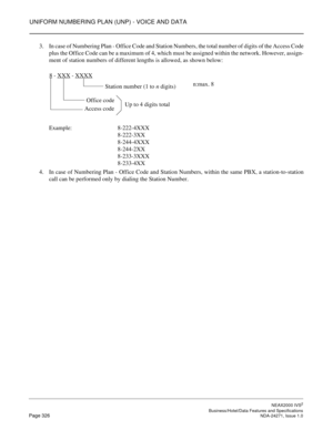 Page 349UNIFORM NUMBERING PLAN (UNP) - VOICE AND DATA
NEAX2000 IVS2
   Business/Hotel/Data Features and SpecificationsPage 326 NDA-24271, Issue 1.0
3. In case of Numbering Plan - Office Code and Station Numbers, the total number of digits of the Access Code
plus the Office Code can be a maximum of 4, which must be assigned within the network. However, assign-
ment of station numbers of different lengths is allowed, as shown below:
Example: 8-222-4XXX
8-222-3XX
8-244-4XXX
8-244-2XX
8-233-3XXX
8-233-4XX
4. In case...