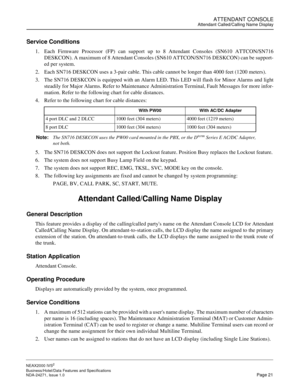 Page 44ATTENDANT CONSOLEAttendant Called/Calling Name Display
NEAX2000 IVS2
Business/Hotel/Data Features and Specifications  
NDA-24271, Issue 1.0  Page 21
Service Conditions
1. Each Firmware Processor (FP) can support up to 8 Attendant Consoles (SN610 ATTCON/SN716
DESKCON). A maximum of 8 Attendant Consoles (SN610 ATTCON/SN716 DESKCON) can be support-
ed per system.
2. Each SN716 DESKCON uses a 3-pair cable. This cable cannot be longer than 4000 feet (1200 meters).
3. The SN716 DESKCON is equipped with an...