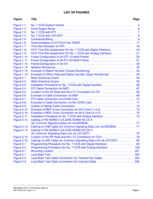 Page 12LIST OF FIGURES
Figure TitlePage
NEAX2000 IVS2 CCIS System Manual    
ND-70918 (E), Issue 1.0   Page v
Figure 1-1 No. 7 CCIS System Outline  . . . . . . . . . . . . . . . . . . . . . . . . . . . . . . . . . . . . . . . . . . . . .  4
Figure 1-2 Clock Supply Route  . . . . . . . . . . . . . . . . . . . . . . . . . . . . . . . . . . . . . . . . . . . . . . . . . . .  6
Figure 1-3 No. 7 CCIS with DTI   . . . . . . . . . . . . . . . . . . . . . . . . . . . . . . . . . . . . . . . . . . . . . . . . . .  7...