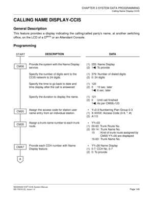 Page 162CHAPTER 3 SYSTEM DATA PROGRAMMING
Calling Name Display-CCIS
NEAX2000 IVS2 CCIS System Manual    
ND-70918 (E), Issue 1.0   Page 149
CALLING NAME DISPLAY-CCIS
General Description
This feature provides a display indicating the calling/called par ty’s name, at another switching
office, on the LCD of a D
term or an Attendant Console.
Programming
DESCRIPTION DATA
Provide the system with the Name Display 
service.(1)
(2)255: Name Display
1 : To provide
Specify the number of digits sent to the 
CCIS network to...