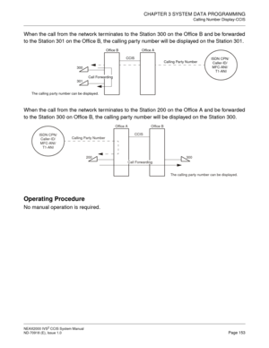 Page 166CHAPTER 3 SYSTEM DATA PROGRAMMING
Calling Number Display-CCIS
NEAX2000 IVS2 CCIS System Manual    
ND-70918 (E), Issue 1.0   Page 153
When the call from the network terminates to the Station 300 on the Office B and be forwarded
to the Station 301 on the Office B, the calling party number will be displayed on the Station 301. 
When the call from the network terminates to the Station 200 on the Office A and be forwarded
to the Station 300 on Office B, the calling par ty number will be displayed on the...