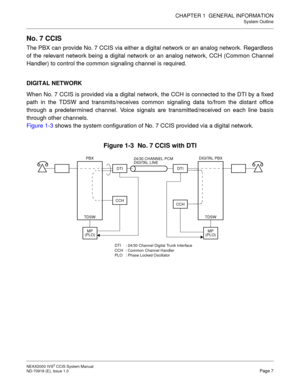 Page 20CHAPTER 1  GENERAL INFORMATION
System Outline
NEAX2000 IVS2 CCIS System Manual    
ND-70918 (E), Issue 1.0   Page 7
No. 7 CCIS
The PBX can provide No. 7 CCIS via either a digital network or an analog network. Regardless
of the relevant network being a digital network or an analog network, CCH (Common Channel
Handler) to control the common signaling channel is required.
DIGITAL NETWORK
When No. 7 CCIS is provided via a digital network, the CCH is connected to the DTI by a fixed
path in the TDSW and...