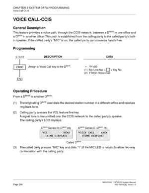 Page 269 NEAX2000 IVS2 CCIS System ManualPage 256  ND-70918 (E), Issue 1.0
CHAPTER 3 SYSTEM DATA PROGRAMMING
Voice Call-CCIS
VOICE CALL-CCIS
General Description
This feature provides a voice path, through the CCIS network, between a Dterm in one office and
a D
term in another office. This path is established from the calling party to the called party’s built-
in speaker. If the called party’s “MIC” is on, the called party can converse hands-free.
Programming
Operating Procedure
From a Dterm to another Dterm:
(1)...