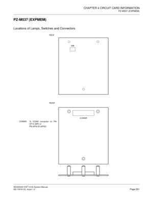 Page 304CHAPTER 4 CIRCUIT CARD INFORMATION
PZ-M537 (EXPMEM)
NEAX2000 IVS2 CCIS System Manual    
ND-70918 (E), Issue 1.0   Page 291
PZ-M537 (EXPMEM)
Locations of Lamps, Switches and Connectors
FA C E
REAR
CONNR:  To CONN connector on PN-
CP14 (MP) or
PN-AP00-B (AP00)
SW
CONNR 