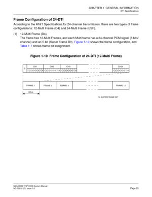 Page 38CHAPTER 1  GENERAL INFORMATION
DTI Specifications
NEAX2000 IVS2 CCIS System Manual    
ND-70918 (E), Issue 1.0   Page 25
Frame Configuration of 24-DTI
According to the AT&T Specifications for 24-channel transmission, there are two types of frame
configurations: 12-Multi Frame (D4) and 24-Multi Frame (ESF).
(1) 12-Multi Frame (D4)
The frame has 12-Multi Frames, and each Multi frame has a 24-channel PCM signal (8 bits/
channel) and an S bit (Super Frame Bit). Figure 1-10 shows the frame configuration, and...