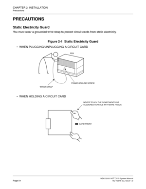 Page 67 NEAX2000 IVS2 CCIS System ManualPage 54  ND-70918 (E), Issue 1.0
CHAPTER 2  INSTALLATION
Precautions
PRECAUTIONS
Static Electricity Guard
You must wear a grounded wrist strap to protect circuit cards from static electricity.
Figure 2-1  Static Electricity Guard
 WHEN PLUGGING/UNPLUGGING A CIRCUIT CARD
 WHEN HOLDING A CIRCUIT CARD
PBX
WRIST STRAP
FRAME GROUND SCREW
CARD FRONT
NEVER TOUCH THE COMPONENTS OR 
SOLDERED SURFACE WITH BARE HANDS. 