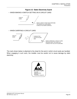 Page 68CHAPTER 2  INSTALLATION
Precautions
NEAX2000 IVS2 CCIS System Manual    
ND-70918 (E), Issue 1.0   Page 55
Figure 2-2  Static Electricity Guard
 WHEN MAKING A SWITCH SETTING ON A CIRCUIT CARD
 WHEN CARRYING A CIRCUIT CARD
The mark shown below is attached to the sheet for the work in which circuit cards are handled.
When engaging in such work, the installer must be careful not to cause damage by static
electricity.
WEAR A WRIST STRAP AND PERFORM
THE WORK ON A GROUNDED
CONDUCTIVE WORK SURFACE.
CIRCUIT...