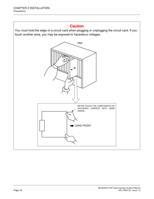 Page 26 NEAX2000 IVS2 Data Interface System ManualPage 18  ND-70924 (E), Issue 1.0
CHAPTER 2 INSTALLATION
Precautions
Caution
You must hold the edge of a circuit card when plugging or unplugging the circuit card. If you 
touch another area, you may be exposed to hazardous voltages.
CARD FRONT
NEVER TOUCH THE COMPONENTS OR
SOLDERED SURFACE WITH BARE
HANDS.
PBX 