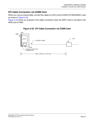 Page 51CHAPTER 2 INSTALLATION
Installation Procedure for Data Interface
NEAX2000 IVS2 Data Interface System Manual    
ND-70924 (E), Issue 1.0   Page 43
DTI Cable Connection via CONN Card 
When you use an coaxial cable, connect the cable to a CSU via the CONN (PZ-M542/M557) card
as shown in Figure 2-22.
Figure 2-23 shows an example of the cable connection when the 30DTI card is mounted in the
AP05 slot of PIM0.
Figure 2-22  DTI Cable Connection via CONN Card
CSU
LT C 0 / LT C 1 / LT C 2 / LT C 3  COAXIAL CABLE...