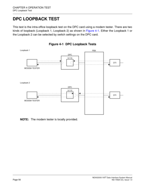 Page 63 NEAX2000 IVS2 Data Interface System ManualPage 56  ND-70924 (E), Issue 1.0
CHAPTER 4 OPERATION TEST
DPC Loopback Test
DPC LOOPBACK TEST
This test is the intra-office loopback test on the DPC card using a modem tester. There are two
kinds of loopback (Loopback 1, Loopback 2) as shown in Figure 4-1. Either the Loopback 1 or
the Loopback 2 can be selected by switch settings on the DPC card.
Figure 4-1  DPC Loopback Tests
V.110DPC
V.110DPC Loopback 1
PBX
MODEM TESTER
DTI
Loopback 2
MODEM TESTER
DTI
NOTE:The...