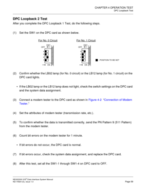 Page 66CHAPTER 4 OPERATION TEST
DPC Loopback Test
NEAX2000 IVS2 Data Interface System Manual    
ND-70924 (E), Issue 1.0   Page 59
DPC Loopback 2 Test
After you complete the DPC Loopback 1 Test, do the following steps.
(1) Set the SW1 on the DPC card as shown below.
(2) Confirm whether the LB02 lamp (for No. 0 circuit) or the LB12 lamp (for No. 1 circuit) on the 
DPC card lights.
 If the LB02 lamp or the LB12 lamp does not light, check the switch settings on the DPC card 
and the system data assignment.
(3)...