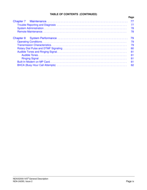 Page 11NEAX2000 IVS2 General Description
NDA-24293, Issue 2
Page ix
TABLE OF CONTENTS  (CONTINUED)
Pag e
Chapter 7 Maintenance . . . . . . . . . . . . . . . . . . . . . . . . . . . . . . . . . . . . . . . . . . . . . . . . . . . 77
Trouble Reporting and Diagnosis  . . . . . . . . . . . . . . . . . . . . . . . . . . . . . . . . . . . . . . . . . . . . . . . . 77
System Administration . . . . . . . . . . . . . . . . . . . . . . . . . . . . . . . . . . . . . . . . . . . . . . . . . . . . . . . . .  78
Remote...