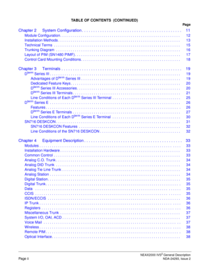 Page 4TABLE OF CONTENTS  (CONTINUED)
Pag e
NEAX2000 IVS2 General Description
Page iiNDA-24293, Issue 2
Chapter 2 System Configuration . . . . . . . . . . . . . . . . . . . . . . . . . . . . . . . . . . . . . . . . . . . . 11
Module Configuration . . . . . . . . . . . . . . . . . . . . . . . . . . . . . . . . . . . . . . . . . . . . . . . . . . . . . . . . . .  12
Installation Methods . . . . . . . . . . . . . . . . . . . . . . . . . . . . . . . . . . . . . . . . . . . . . . . . . . . . . . . . . . .  13...