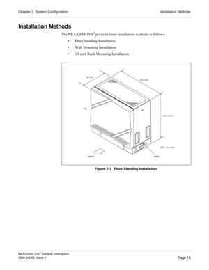 Page 37Chapter 2  System Configuration Installation Methods
NEAX2000 IVS2 General Description
NDA-24293, Issue 2
Page 13
Installation Methods
The NEAX2000 IVS2 provides three installation methods as follows:
 Floor Standing Installation
 Wall Mounting Installation
 19-inch Rack Mounting Installation
Figure 2-1   Floor Standing Installation 