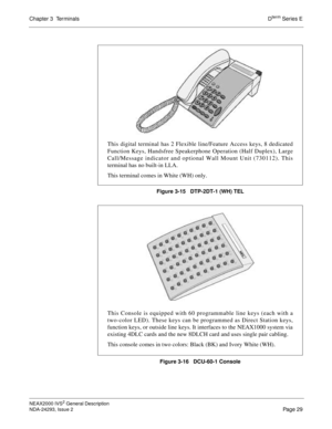 Page 53Chapter 3  TerminalsDterm Series E
NEAX2000 IVS2 General Description
NDA-24293, Issue 2
Page 29
Figure 3-15   DTP-2DT-1 (WH) TEL
Figure 3-16   DCU-60-1 Console
This digital terminal has 2 Flexible line/Feature Access keys, 8 dedicated
Function Keys, Handsfree Speakerphone Operation (Half Duplex), Large
Call/Message indicator and optional Wall Mount Unit (730112). This
terminal has no built-in LLA.
This terminal comes in White (WH) only.
This Console is equipped with 60 programmable line keys (each with...
