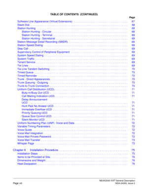 Page 10TABLE OF CONTENTS  (CONTINUED)
Pag e
NEAX2000 IVS2 General Description
Page viiiNDA-24293, Issue 2
Software Line Appearance (Virtual Extensions)  . . . . . . . . . . . . . . . . . . . . . . . . . . . . . . . . . . . . .  67
Stack Dial . . . . . . . . . . . . . . . . . . . . . . . . . . . . . . . . . . . . . . . . . . . . . . . . . . . . . . . . . . . . . . . .  . . .  68
Station Hunting  . . . . . . . . . . . . . . . . . . . . . . . . . . . . . . . . . . . . . . . . . . . . . . . . . . . . . . . . . . ....