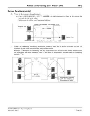 Page 1016NEAX2400 IPX Feature Programming Manual
NDA-24297, Issue 1Page 973
Multiple Call Forwarding - Don’t Answer - CCIS M-42
Service Conditions (cont’d)
10. When the destination is the calling party:
a.) CALL FORWARDING - DON’T ANSWER: the call continues to place at the station that
forwards the call to the caller.
In this case, the calling party hears ringback tone:
11. When Call Forwarding is restricted because the number of times data or service restriction data, the call
continues to ring at the station...