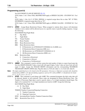 Page 1075NEAX2400 IPX Feature Programming ManualPage 1032NDA-24297, Issue 1
T-26 Toll Restriction - 3/6-Digit - CCIS
Programming (cont’d)
See DAY/NIGHT CLASS OF SERVICE[D-15].
SYS2, Index 1, bit 3. Does TOLL RESTRICTION apply to SPEED CALLING - STATION? 0/1: Yes/
No.
SYS2, Index 1, bits 4 & 5. If TOLL DENIAL is required assign these bits as data“00”.IfTOLL
DIVERSION is required assign these bits as“01”.
SYS2, Index 1, bit 7. Does TOLL RESTRICTION apply to SPEED CALLING - SYSTEM? 0/1: Yes/
No.
STEP 2:ARSC- Assign...