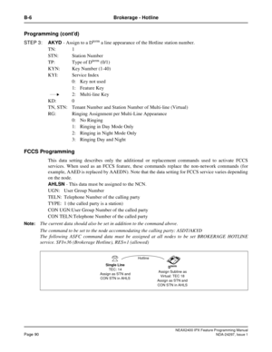 Page 133NEAX2400 IPX Feature Programming ManualPage 90NDA-24297, Issue 1
B-6 Brokerage - Hotline
Programming (cont’d)
STEP 3:AKYD-AssigntoaDterma line appearance of the Hotline station number.
TN: 1
STN: Station Number
TP: Type of D
term(0/1)
KYN: Key Number (1-40)
KYI: Service Index
0: Key not used
1: Feature Key
2: Multi-line Key
KD: 0
TN, STN: Tenant Number and Station Number of Multi-line (Virtual)
RG: Ringing Assignment per Multi-Line Appearance
0: No Ringing
1: Ringing in Day Mode Only
2: Ringing in Night...