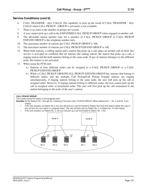 Page 194NEAX2400 IPX Feature Programming Manual
NDA-24297, Issue 1Page 151
Call Pickup - Group - DtermC-7D
Service Conditions (cont’d)
6. CALL TRANSFER - ALL CALLS: The capability to pick up the recall of CALL TRANSFER - ALL
CALLS when CALL PICKUP - GROUP is activated, is not available.
7. There is no limit to the number of groups per system.
8. A user cannot pick up a call in the EXPANDED CALL PICKUP GROUP when engaged in another call.
9. The allowable station number type for a member of CALL PICKUP GROUP or...