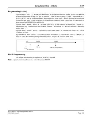 Page 226NEAX2400 IPX Feature Programming Manual
NDA-24297, Issue 1Page 183
Consultation Hold - All Calls C-17
Programming (cont’d)
System Data 1, Index 157. Trunk Soft Hold Timer A, used with senderized trunks. Assign data 00H for
a value of 18 seconds. (Data 31H may be used for a value of two seconds, if CALL TRANSFER-ALL
CALLS [C-11] is to be used immediately after connecting to the trunk.). This is the time between trunk
connection and when switch hook flash is allowed on a senderized trunk connection. It is...