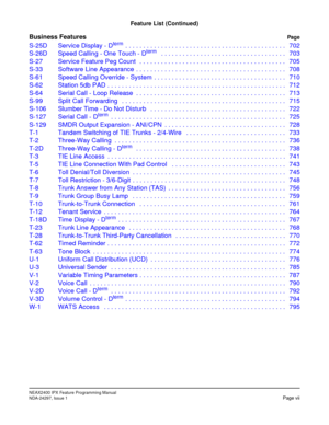 Page 24NEAX2400 IPX Feature Programming Manual
NDA-24297, Issue 1Page vii
Feature List (Continued)
Business FeaturesPag e
S-25D Service Display - Dterm  . . . . . . . . . . . . . . . . . . . . . . . . . . . . . . . . . . . . . . . . . . . . . 702
S-26D Speed Calling - One Touch - Dterm   . . . . . . . . . . . . . . . . . . . . . . . . . . . . . . . . . . . 703
S-27 Service Feature Peg Count   . . . . . . . . . . . . . . . . . . . . . . . . . . . . . . . . . . . . . . . . . 705
S-33 Software Line Appearance  . ....