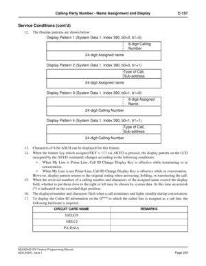 Page 302NEAX2400 IPX Feature Programming Manual
NDA-24297, Issue 1Page 259
Calling Party Number - Name Assignment and Display C-157
Service Conditions (cont’d)
12. The Display patterns are shown below:
13. Characters of 8-bit ASCII can be displayed for this feature.
14. When the feature key which assigned FKY = 113 via AKYD is pressed, the display pattern on the LCD
(assigned by the ASYD command) changes according to the following conditions:
When My Line is Prime Line, Call ID Change Display Key is effective...