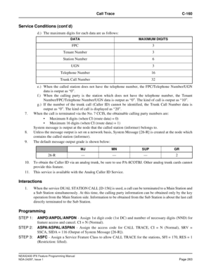 Page 306NEAX2400 IPX Feature Programming Manual
NDA-24297, Issue 1Page 263
Call Trace C-160
Service Conditions (cont’d)
d.) The maximum digits for each data are as follows:
e.) When the called station does not have the telephone number, the FPC/Telephone Number/UGN
data is output as“0”.
f.) When the calling party is the station which does not have the telephone number, the Tenant
Number/FPC/Telephone Number/UGN data is output as“0”. The kind of call is output as“10”.
g.) If the number of the trunk call (Caller...