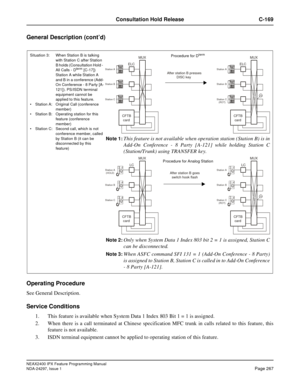 Page 310NEAX2400 IPX Feature Programming Manual
NDA-24297, Issue 1Page 267
Consultation Hold Release C-169
General Description (cont’d)
Operating Procedure
See General Description.
Service Conditions
1. This feature is available when System Data 1 Index 803 Bit 1 = 1 is assigned.
2. When there is a call terminated at Chinese specification MFC trunk in calls related to this feature, this
feature is not available.
3. ISDN terminal equipment cannot be applied to operating station of this feature.
After station B...