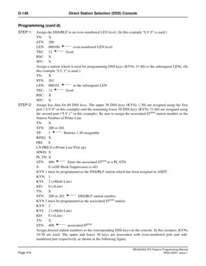 Page 361NEAX2400 IPX Feature Programming ManualPage 318NDA-24297, Issue 1
D-149 Direct Station Selection (DSS) Console
Programming (cont’d)
STEP 1:Assign the DSS/BLF to an even-numbered LEN level. (In this example“LV 0”is used.)
TN: X
STN: 200
LEN: 000100 even-numbered LEN level
TEC: 12 fixed
RSC: X
SFC: X
Assign a station which is used for programming DSS keys (KYNs 31-60) to the subsequent LENs. (In
this example“LV 1”is used.)
TN: X
STN: 201
LEN: 000101 to the subsequent LEN
TEC: 12 fixed
RSC: X
SFC: X
STEP...