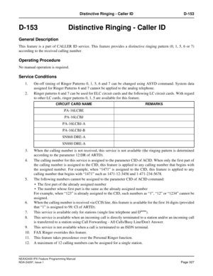 Page 370NEAX2400 IPX Feature Programming Manual
NDA-24297, Issue 1Page 327
Distinctive Ringing - Caller ID D-153
D-153  Distinctive Ringing - Caller ID
General Description
This feature is a part of CALLER ID service. This feature provides a distinctive ringing pattern (0, 1, 5, 6 or 7)
according to the received calling number.
Operating Procedure
No manual operation is required.
Service Conditions
1. On-off timing of Ringer Patterns 0, 1, 5, 6 and 7 can be changed using ASYD command. System data
assigned for...