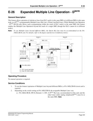 Page 388NEAX2400 IPX Feature Programming Manual
NDA-24297, Issue 1Page 345
Expanded Multiple Line Operation - DtermE-26
E-26  Expanded Multiple Line Operation - Dterm
General Description
This feature allows operation of whichever lines from ELC card(s) in the same IMG or in different IMGs in the same
node, as a Dterm’s programmable Multiple Lines (My Line + Prime Line/Sub Lines). While Multiple Line Operation
-Dterm[M-20] only allows such a programming within the reach of ELC card(s) in the same IMG, this...