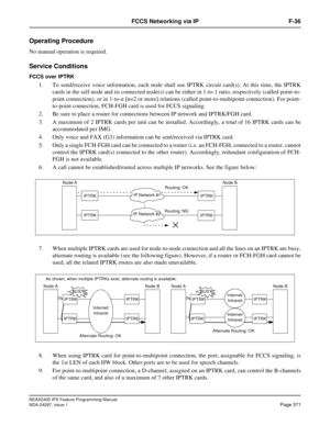 Page 414NEAX2400 IPX Feature Programming Manual
NDA-24297, Issue 1Page 371
FCCS Networking via IP F-36
Operating Procedure
No manual operation is required.
Service Conditions
FCCS over IPTRK
1. To send/receive voice information, each node shall use IPTRK circuit card(s). At this time, the IPTRK
cards in the self-node and its connected node(s) can be either in 1-to-1 ratio, respectively (called point-to-
point connection), or in 1-to-n [n=2 or more] relations (called point-to-multipoint connection). For point-...