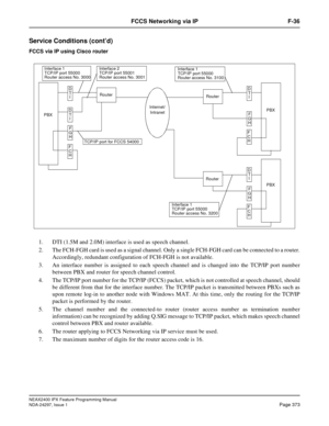 Page 416NEAX2400 IPX Feature Programming Manual
NDA-24297, Issue 1Page 373
FCCS Networking via IP F-36
Service Conditions (cont’d)
FCCS via IP using Cisco router
1. DTI (1.5M and 2.0M) interface is used as speech channel.
2. The FCH-FGH card is used as a signal channel. Only a single FCH-FGH card can be connected to a router.
Accordingly, redundant configuration of FCH-FGH is not available.
3. An interface number is assigned to each speech channel and is changed into the TCP/IP port number
between PBX and router...