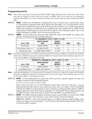 Page 472NEAX2400 IPX Feature Programming Manual
NDA-24297, Issue 1Page 429
Least Cost Routing - 3/6-Digit L-5
Programming (cont’d)
Note:These same routes may also be listed in ASPA for SRV = OGC (Outgoing Call). In that case, these routes
may also be available via direct dial access codes. In ARNP, these access codes are not assigned to
implement the LCRS service in this command. This digit code is the first digit used when assigning the ATDP
table.
STEP 8:ARSC- LCR(S) uses only Bothway or Outgoing Only routes....