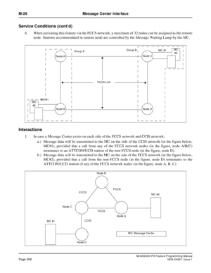 Page 549NEAX2400 IPX Feature Programming ManualPage 506NDA-24297, Issue 1
M-26 Message Center Interface
Service Conditions (cont’d)
6. When activating this feature via the FCCS network, a maximum of 32 nodes can be assigned as the remote
node. Stations accommodated in remote node are controlled by the Message Waiting Lamp by the MC.
Interactions
1. In case a Message Center exists on each side of the FCCS network and CCIS network:
a.) Message data will be transmitted to the MC on the side of the CCIS network (in...