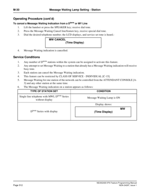 Page 555NEAX2400 IPX Feature Programming ManualPage 512NDA-24297, Issue 1
M-30 Message Waiting Lamp Setting - Station
Operating Procedure (cont’d)
To cancel a Message Waiting Indication from a Dterm or MY Line
1. Lift the handset or press the SPEAKER key; receive dial tone.
2. Press the Message Waiting Cancel line/feature key, receive special dial tone.
3. Dial the desired telephone number; the LCD displays, and service set tone is heard.:
4. Message Waiting indication is cancelled.
Service Conditions
1. Any...