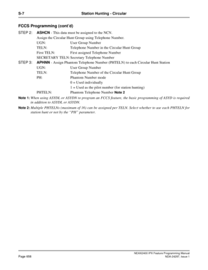 Page 701NEAX2400 IPX Feature Programming ManualPage 658NDA-24297, Issue 1
S-7 Station Hunting - Circular
FCCS Programming (cont’d)
STEP 2:ASHCN- This data must be assigned to the NCN.
Assign the Circular Hunt Group using Telephone Number.
UGN: User Group Number
TELN: Telephone Number in the Circular Hunt Group
First TELN: First assigned Telephone Number
SECRETARY TELN: Secretary Telephone Number
STEP 3:APHNN- Assign Phantom Telephone Number (PHTELN) to each Circular Hunt Station
UGN: User Group Number
TELN:...