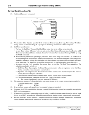 Page 715NEAX2400 IPX Feature Programming ManualPage 672NDA-24297, Issue 1
S-10 Station Message Detail Recording (SMDR)
Service Conditions (cont’d)
31. Additional hardware is required.
32. When either of the 2 parties goes On-Hook (or presses Transfer key, Hold key, Answer key, Over key)
during Station-to-Station Calling [S-11], output of the billing information will be completed.
33. Call Time specification:
The base for Call Start Time and Call End Time is the time in the calling party-side node.
In case...