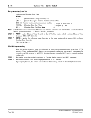 Page 767NEAX2400 IPX Feature Programming ManualPage 724NDA-24297, Issue 1
S-106 Slumber Time - Do Not Disturb
Programming (cont’d)
Assignment of Slumber Time Data
ASLU2-
G= [x] Slumber Time Group Number (1-7)
CNT = [x] Count of Assigned Transfer Destination/Time Data
TFR 1/2: Transfer to attendant/announcement machine
FROM = [x] Slumber Time Start Time
TO = [x] Slumber Time End Time
Note
Note:
If the Slumber service is required 24 hours a day, enter the same time data in to both the“From Hour/From...