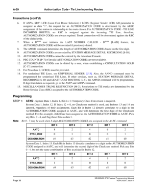 Page 81NEAX2400 IPX Feature Programming ManualPage 38NDA-24297, Issue 1
A-29 Authorization Code - Tie Line Incoming Routes
Interactions (cont’d)
6. If ASPA, SRV: LCR (Least Cost Route Selection) / LCRS (Register Sender LCR) AH parameter is
assigned as data“1”, the request for an AUTHORIZATION CODE is determined by the ARSC
assignment of the station in relationship to the route chosen. For AUTHORIZATION CODE - TIE LINE
INCOMING ROUTES, no RSC is assigned against the incoming TIE Line, therefore,
AUTHORIZATION...